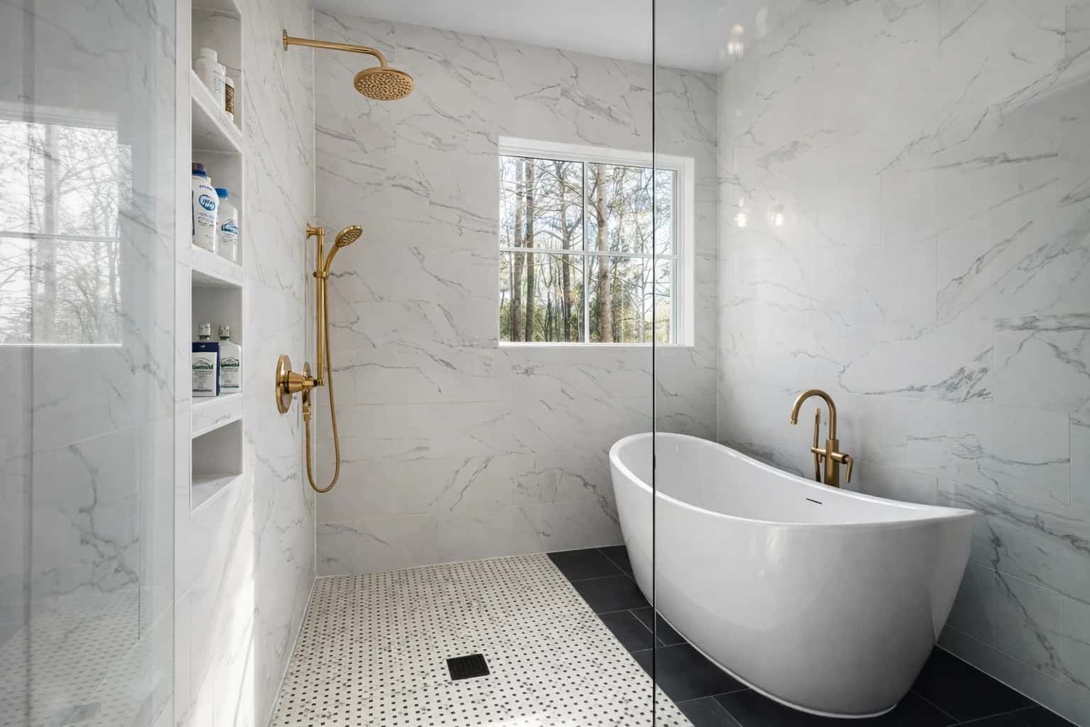Spa-style primary bathroom with walk-in shower in Seattle, Washington