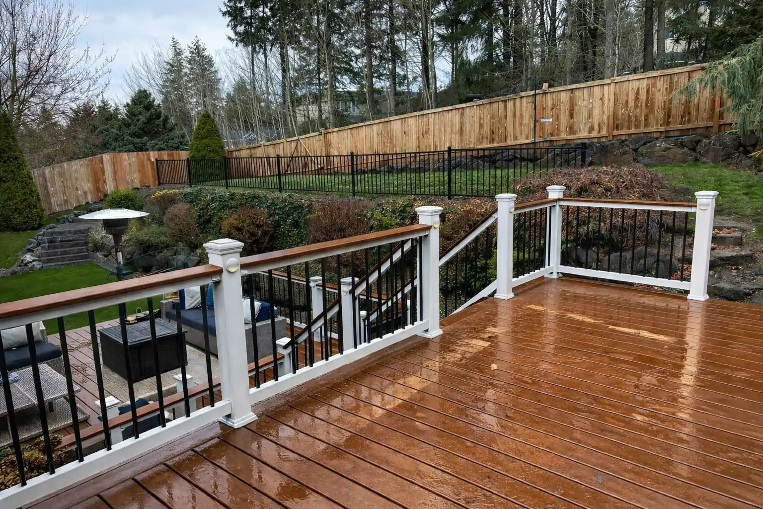 Covered outdoor deck area designed for year-round use in Redmond, Washington