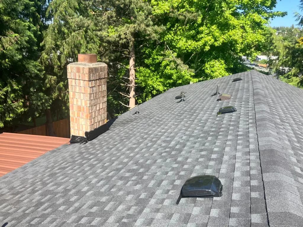Architectural shingle installation on pitched roof in Kirkland, Washington
