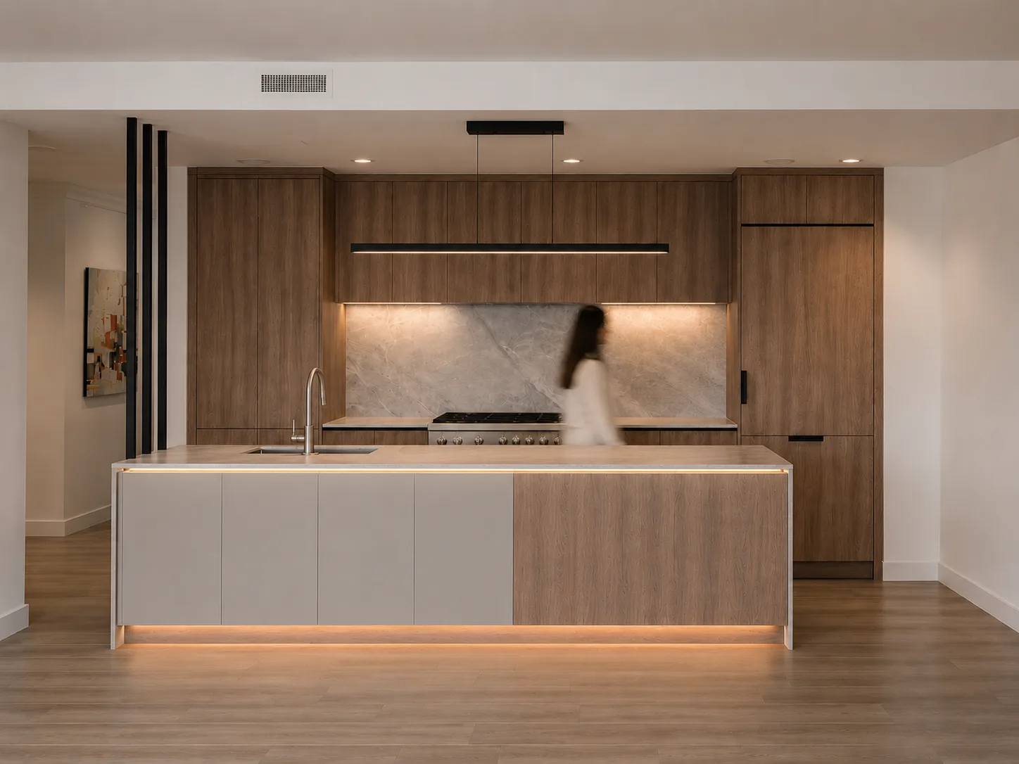 Warm modern kitchen with wood cabinetry and a large island